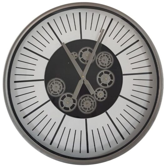 Vanity Living - 60cm Living Room Round Wall Clock with Glass Metal Frame, Silver Gear Wall Clock for Bedroom Decor