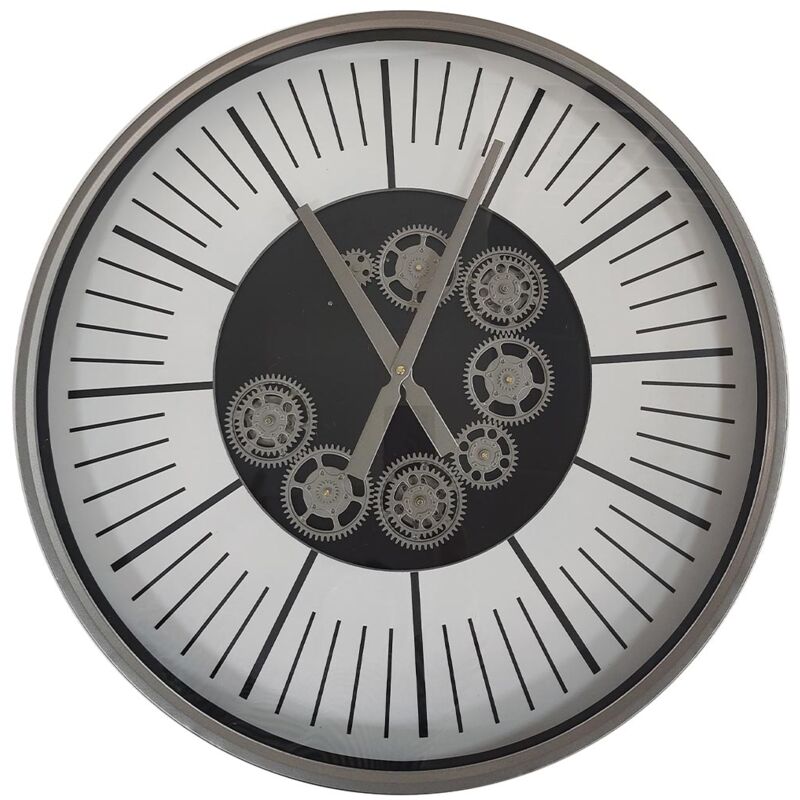 Vanity Living - 60cm Living Room Round Wall Clock with Glass Metal Frame, Silver Gear Wall Clock for Bedroom Decor