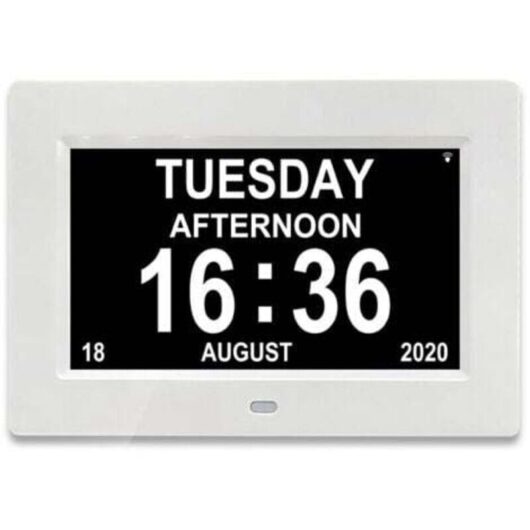 White One Piece 7-inch digital calendar clock with date and time, Alzheimer's clock for parents, medication reminder for grandparents and children